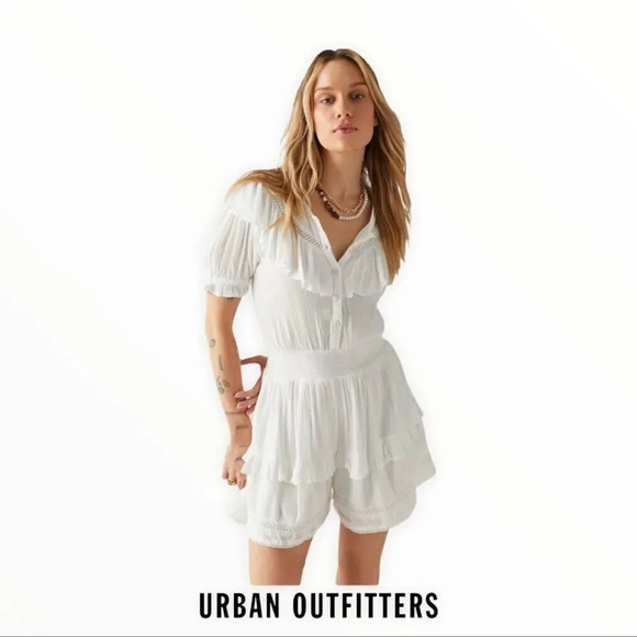 URBAN OUTFITTERS | White | Topanga Ruffle Romper - Picture 1 of 6